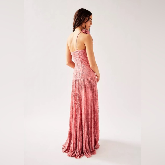 PatBO Hand -Embroidered Lace bustier pink Gown|Rose-One-Shoulder Floral Appliqué - Picture 3 of 8